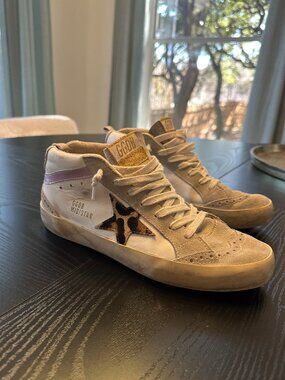 Golden Goose Mid Star sneakers in classic white leather with leopard-print star